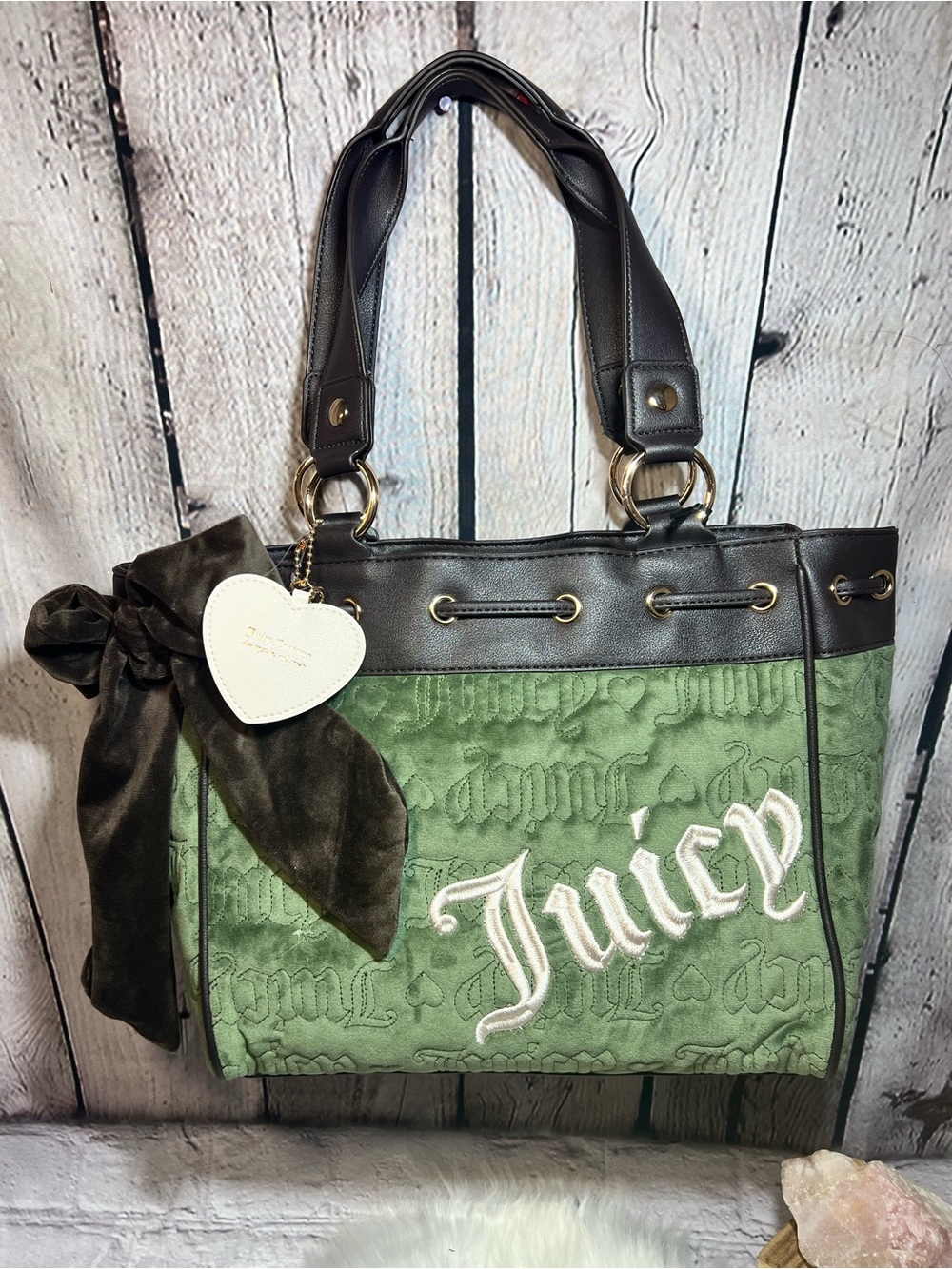 Juicy Couture Green Tote with Dark Brown Trim and Heart Charm